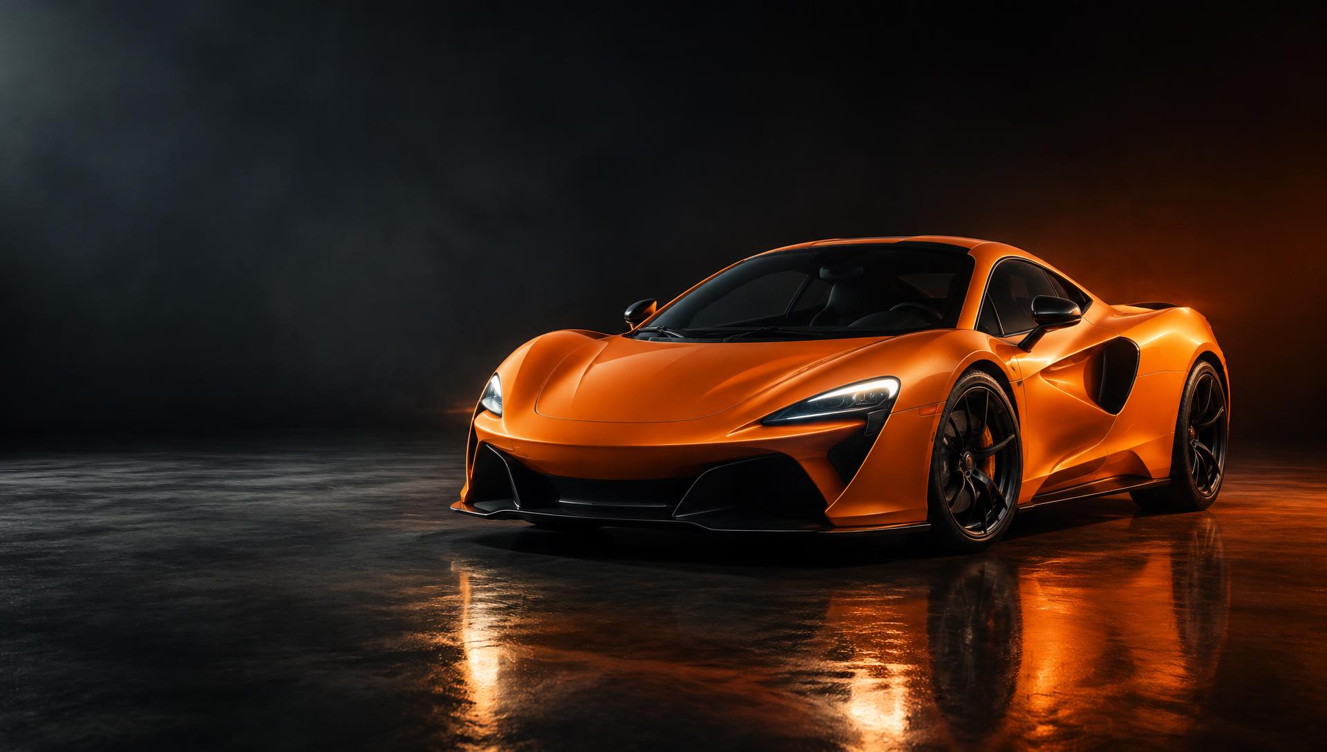 Orange British supercar in a dark studio